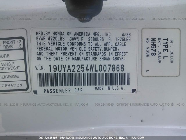 19UYA2254WL007868 - 1998 ACURA 3.0CL WHITE photo 9