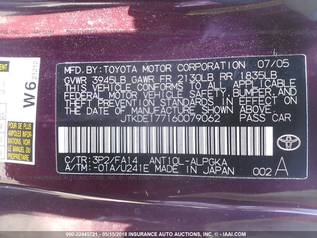 JTKDE177160079062 - 2006 TOYOTA SCION TC 栗色 照片 9