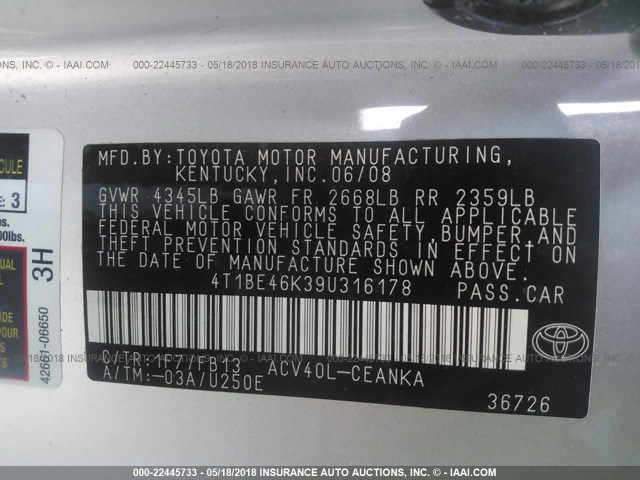 4T1BE46K39U316178 - 2009 TOYOTA CAMRY SE/LE/XLE SILVER photo 9