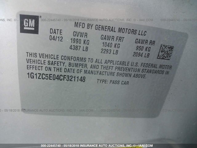 1G1ZC5E04CF321148 - 2012 CHEVROLET MALIBU 1LT ვერცხლისფერი ფოტო 9