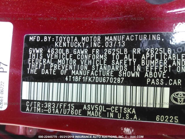4T1BF1FK7DU670287 - 2013 TOYOTA CAMRY L/SE/LE/XLE 红色 照片 9