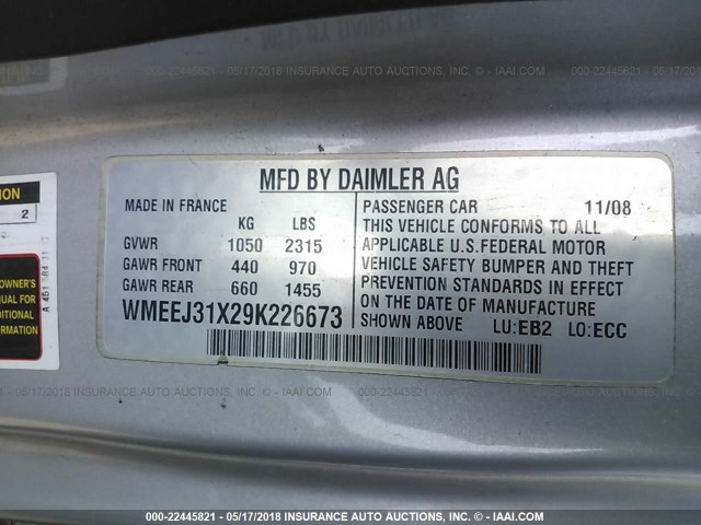 WMEEJ31X29K226673 - 2009 SMART FORTWO PURE/PASSION BLUE photo 9