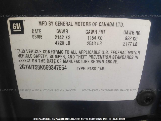 2G1WT58K669347554 - 2006 CHEVROLET IMPALA LT BLUE photo 9