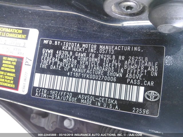 4T1BF1FK0DU270006 - 2013 TOYOTA CAMRY L/SE/LE/XLE GRAY photo 9