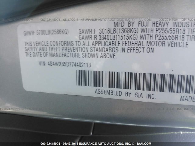 4S4WX85D774402113 - 2007 SUBARU B9 TRIBECA 3.0 H6/3.0 H6 LIMITED SILVER photo 9