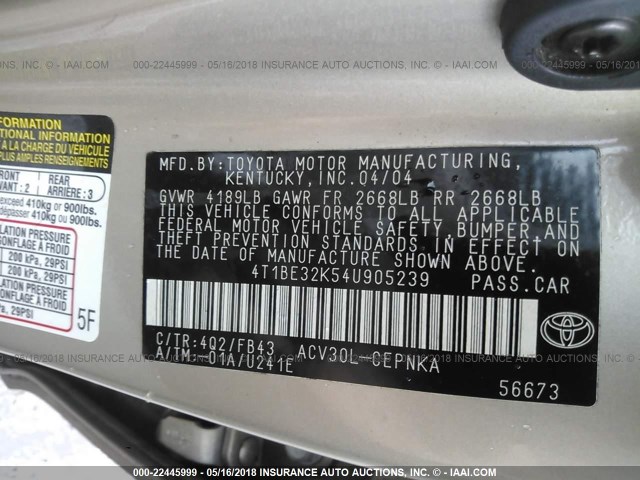 4T1BE32K54U905239 - 2004 TOYOTA CAMRY LE/XLE/SE ოქროსფერი ფოტო 9