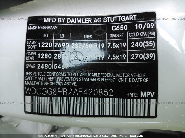 WDCGG8HB2AF420852 - 2010 MERCEDES-BENZ GLK 350 4MATIC WHITE photo 9