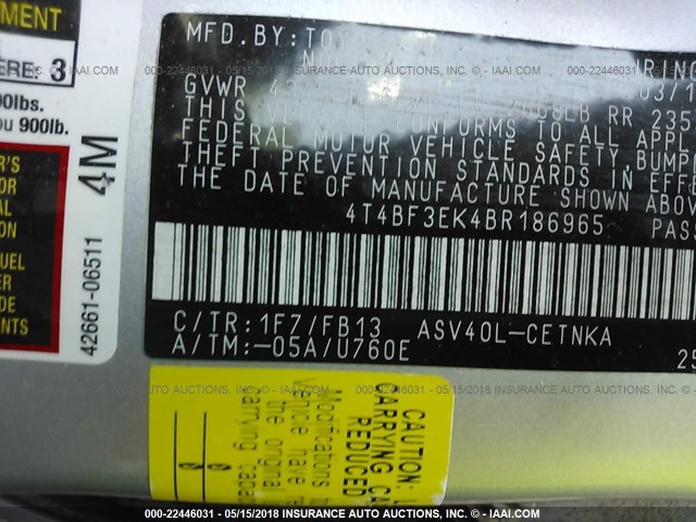 4T4BF3EK4BR186965 - 2011 TOYOTA CAMRY SE/LE/XLE 银色 照片 9