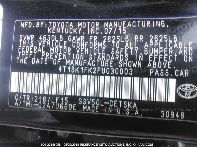 4T1BK1FK2FU030003 - 2015 TOYOTA CAMRY XSE/XLE Qara foto 9