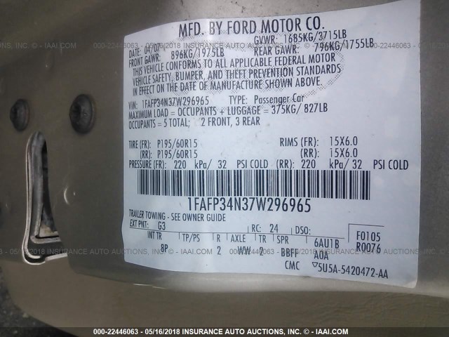 1FAFP34N37W296965 - 2007 FORD FOCUS ZX4/S/SE/SES TAN photo 9