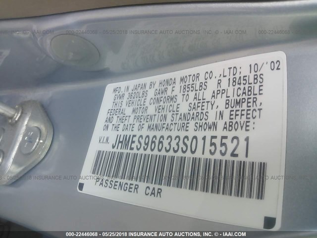 JHMES96633S015521 - 2003 HONDA CIVIC HYBRID SILVER photo 9