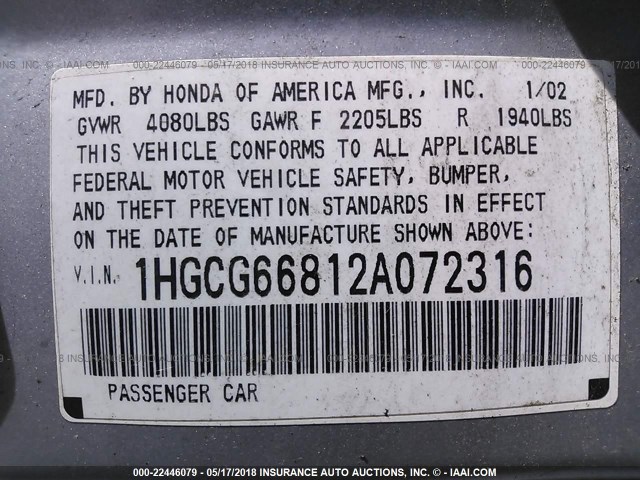 1HGCG66812A072316 - 2002 HONDA ACCORD EX/SE SILVER photo 9