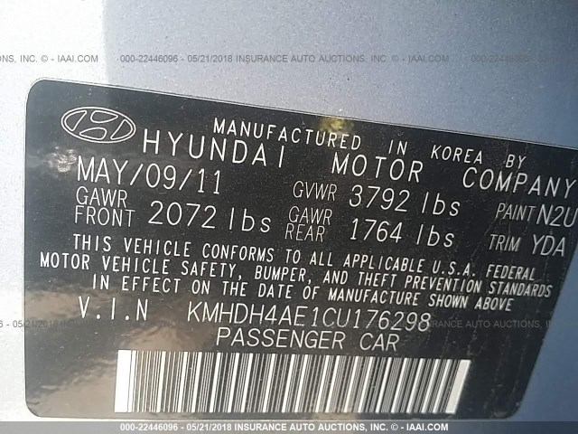 KMHDH4AE1CU176298 - 2012 HYUNDAI ELANTRA GLS/LIMITED BLUE photo 9