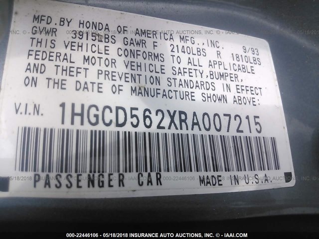 1HGCD562XRA007215 - 1994 HONDA ACCORD DX BLUE photo 9