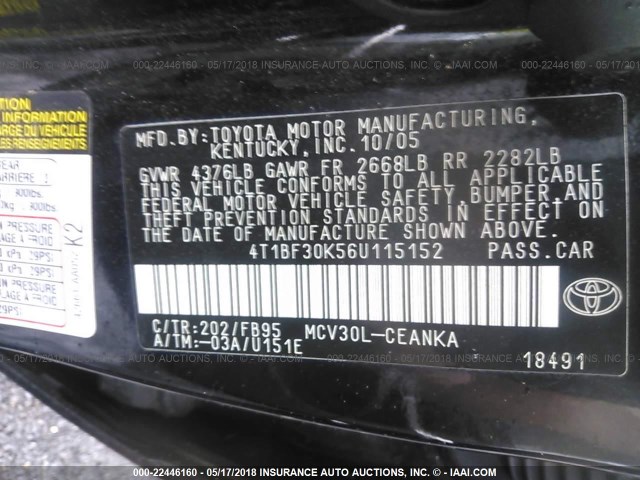 4T1BF30K56U115152 - 2006 TOYOTA CAMRY LE/XLE/SE შავი ფოტო 9