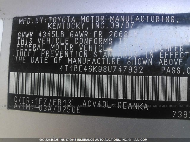 4T1BE46K98U747932 - 2008 TOYOTA CAMRY CE/LE/XLE/SE SILVER photo 9