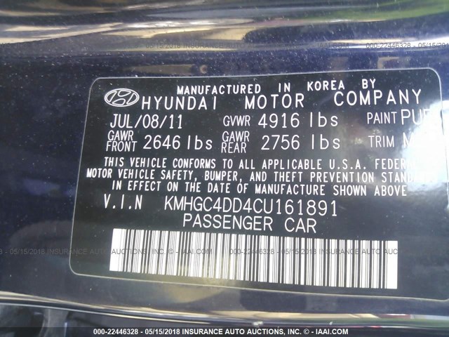 KMHGC4DD4CU161891 - 2012 HYUNDAI GENESIS 3.8L BLUE photo 9