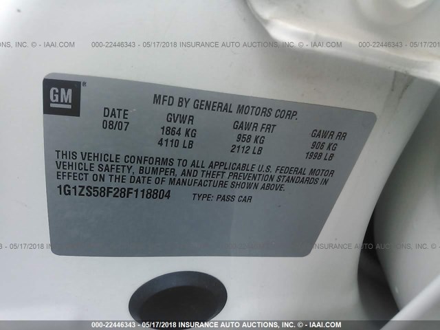 1G1ZS58F28F118804 - 2008 CHEVROLET MALIBU LS WHITE photo 9