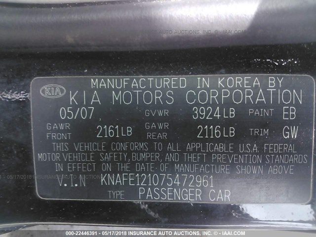 KNAFE121075472961 - 2007 KIA SPECTRA EX/LX BLACK photo 9