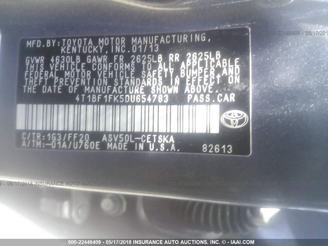 4T1BF1FK5DU654783 - 2013 TOYOTA CAMRY L/SE/LE/XLE GRAY photo 9