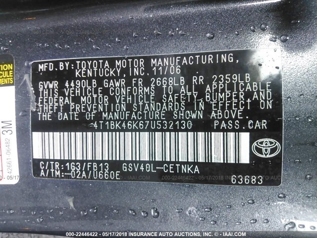 4T1BK46K67U532130 - 2007 TOYOTA CAMRY NEW GENERAT LE/XLE/SE GRAY photo 9