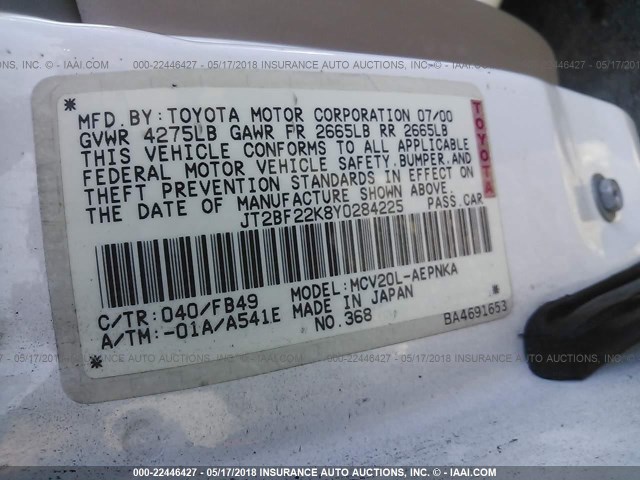 JT2BF22K8Y0284225 - 2000 TOYOTA CAMRY CE/LE/XLE WHITE photo 9