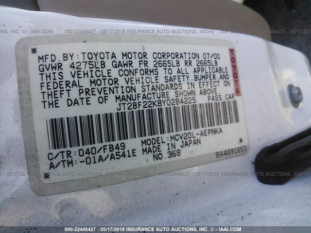 JT2BF22K8Y0284225 - 2000 TOYOTA CAMRY CE/LE/XLE თეთრი ფოტო 9