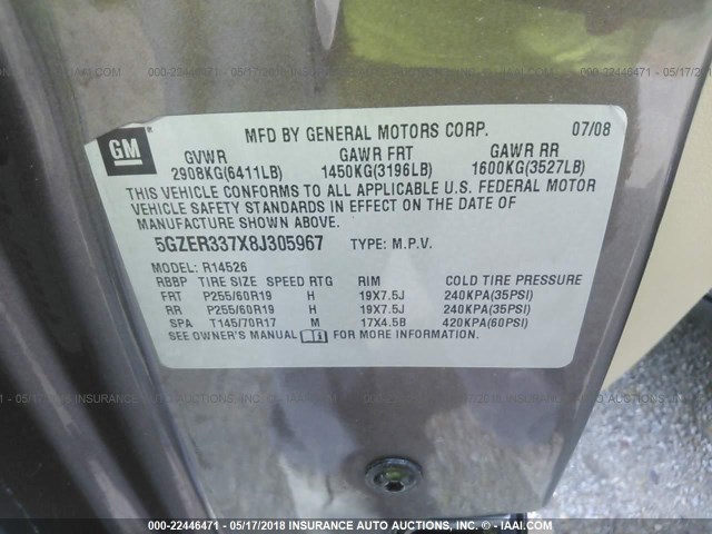 5GZER337X8J305967 - 2008 SATURN OUTLOOK XR/TOURING 棕色 照片 9