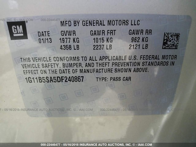 1G11B5SA5DF240867 - 2013 CHEVROLET MALIBU LS 锡色 照片 9