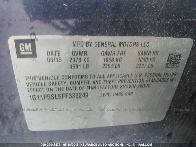 1G11F5SL5FF333249 - 2015 CHEVROLET MALIBU LTZ ლურჯი ფოტო 9