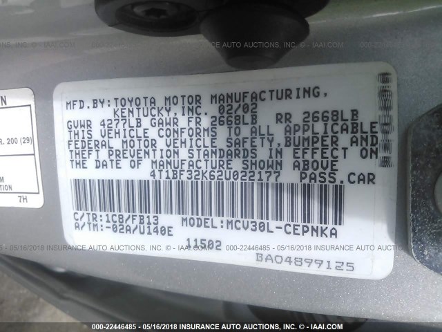 4T1BF32K62U022177 - 2002 TOYOTA CAMRY LE/XLE/SE Gümüş foto 9