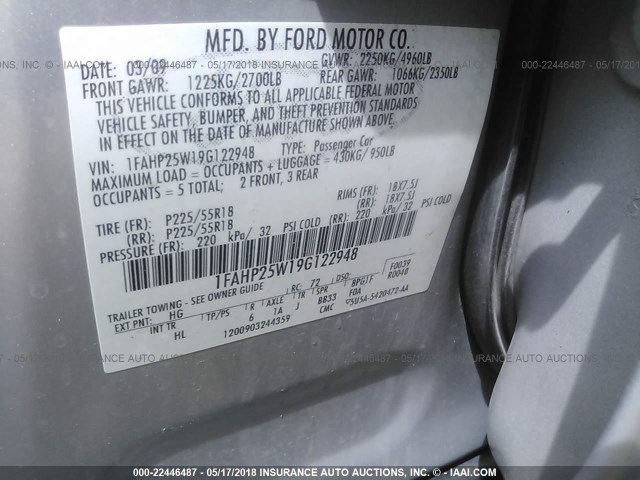 1FAHP25W19G122948 - 2009 FORD TAURUS LIMITED SILVER photo 9