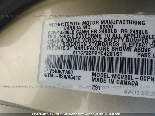 2T1CF22P21C428161 - 2001 TOYOTA CAMRY SOLARA SE/SLE GOLD photo 9