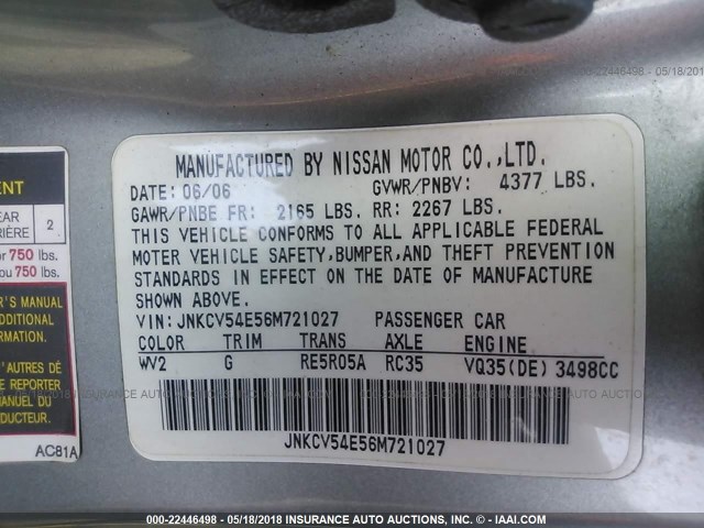 JNKCV54E56M721027 - 2006 INFINITI G35 SILVER photo 9