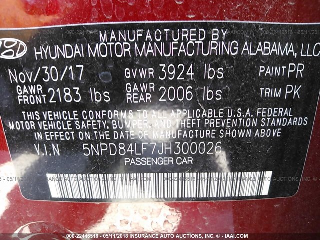 5NPD84LF7JH300026 - 2018 HYUNDAI ELANTRA SEL/VALUE/LIMITED RED photo 9