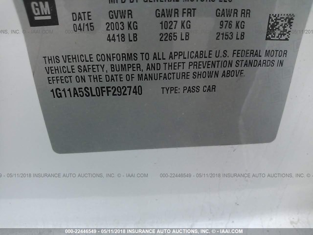 1G11A5SL0FF292740 - 2015 CHEVROLET MALIBU LS თეთრი ფოტო 9