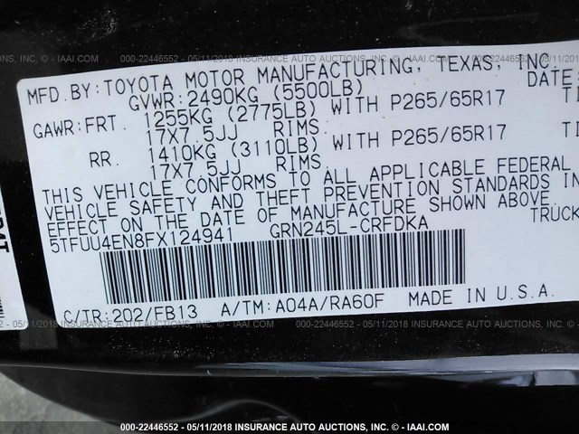 5TFUU4EN8FX124941 - 2015 TOYOTA TACOMA ACCESS CAB/TRD PRO BLACK photo 9