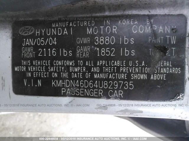 KMHDN46D64U829735 - 2004 HYUNDAI ELANTRA GLS/GT SILVER photo 9