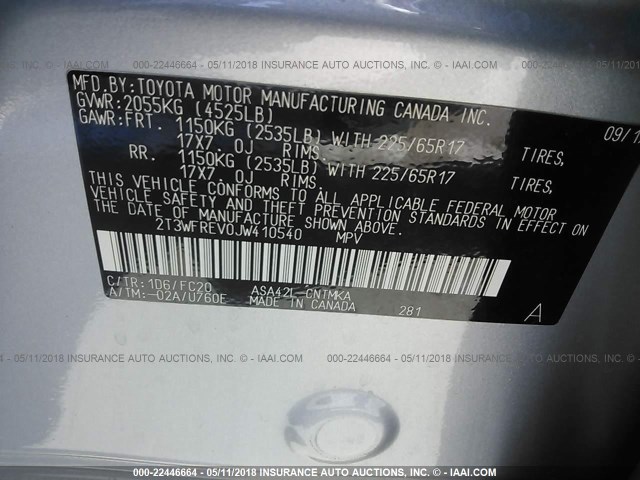 2T3WFREV0JW410540 - 2018 TOYOTA RAV4 ADVENTURE/XLE 银色 照片 9