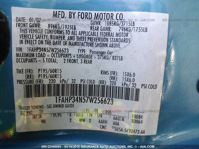 1FAHP34N57W256623 - 2007 FORD FOCUS ZX4/S/SE/SES 蓝色 照片 9