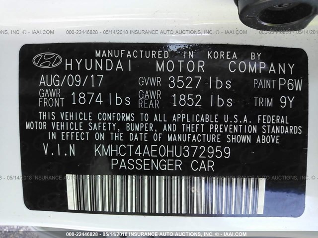 KMHCT4AE0HU372959 - 2017 HYUNDAI ACCENT SE 白色 照片 9