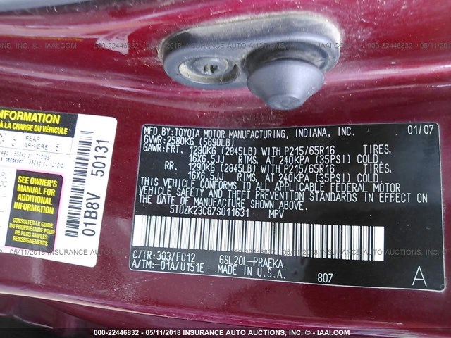 5TDZK23C87S011631 - 2007 TOYOTA SIENNA CE/LE BURGUNDY photo 9