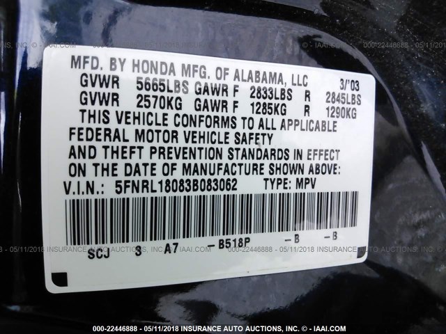 5FNRL18083B083062 - 2003 HONDA ODYSSEY EXL ლურჯი ფოტო 9