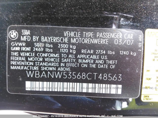 WBANW53568CT48563 - 2008 BMW 550 I BLACK photo 9