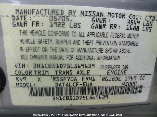 3N1CB51D75L569639 - 2005 NISSAN SENTRA 1.8/1.8S TAN photo 9