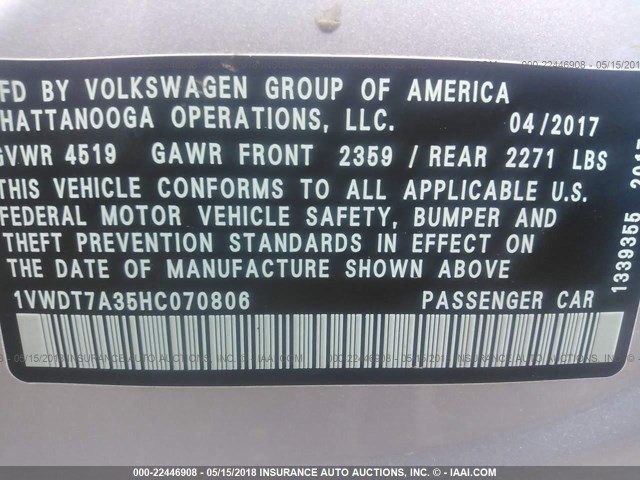 1VWDT7A35HC070806 - 2017 VOLKSWAGEN PASSAT R-LINE Gümüş foto 9