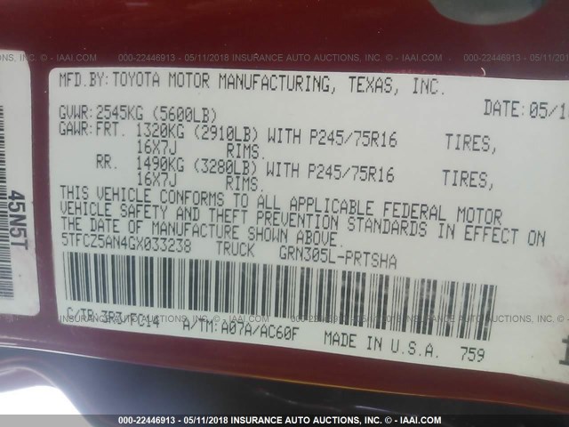 5TFCZ5AN4GX033238 - 2016 TOYOTA TACOMA DBL CAB/SR/SR5/TRD SPT/OR RED photo 9
