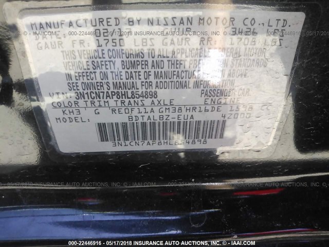 3N1CN7AP8HL854898 - 2017 NISSAN VERSA S/S PLUS/SV/SL BLACK photo 9