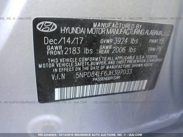 5NPD84LF6JH307033 - 2018 HYUNDAI ELANTRA SEL/VALUE/LIMITED SILVER photo 9