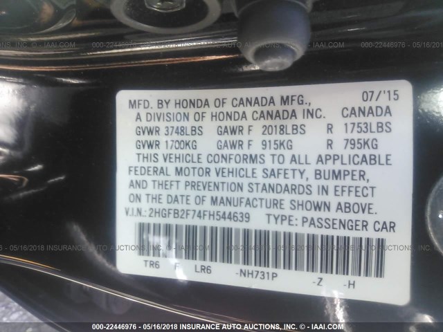 2HGFB2F74FH544639 - 2015 HONDA CIVIC SE BLACK photo 9